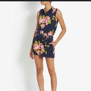 Equipment 100% silk floral button front navy collared sleeveless romper S